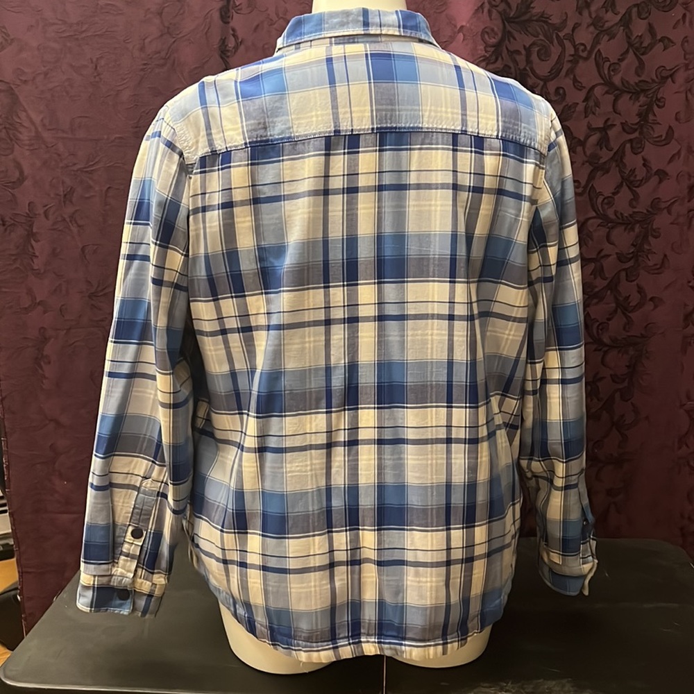 EUC LL Bean Blue and White Plaid Fleece Lined Flannel with Snap Closure - Picture 2 of 4